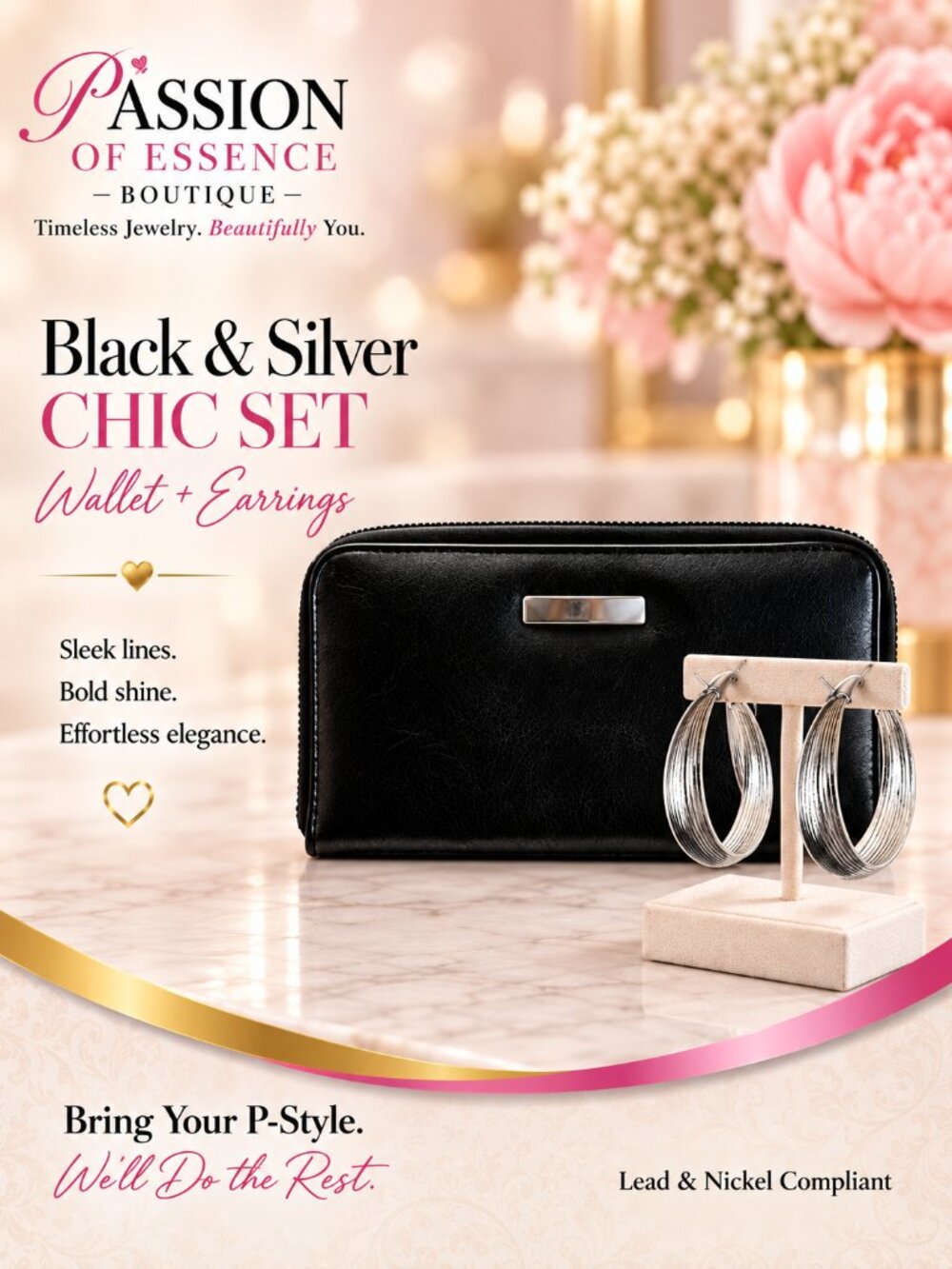 Black Faux Leather Wallet & Silver Textured Hoop Earrings Bundle